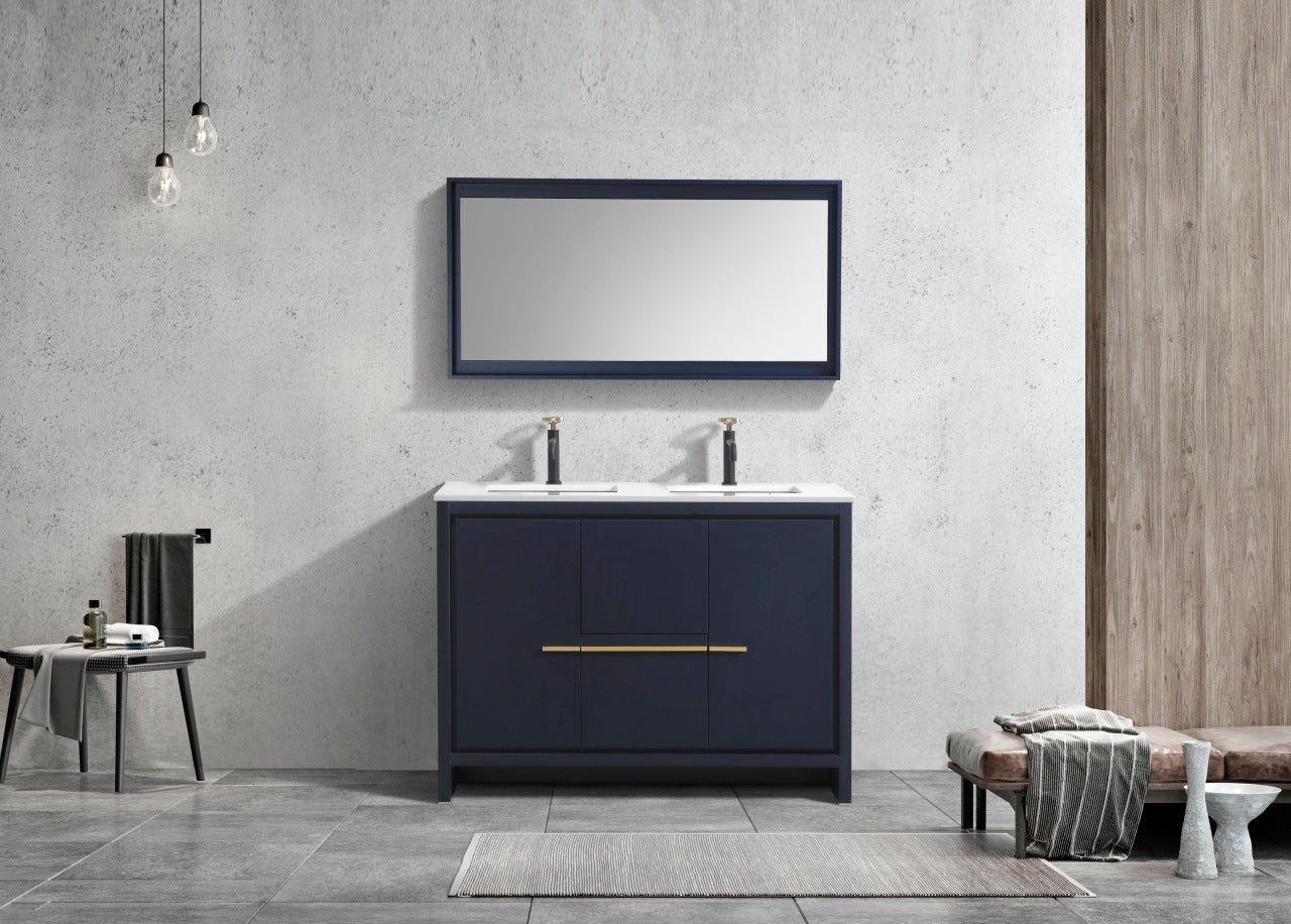 KubeBath Dolce 48″ Double Sink Blue Modern Bathroom Vanity with Quartz Countertop