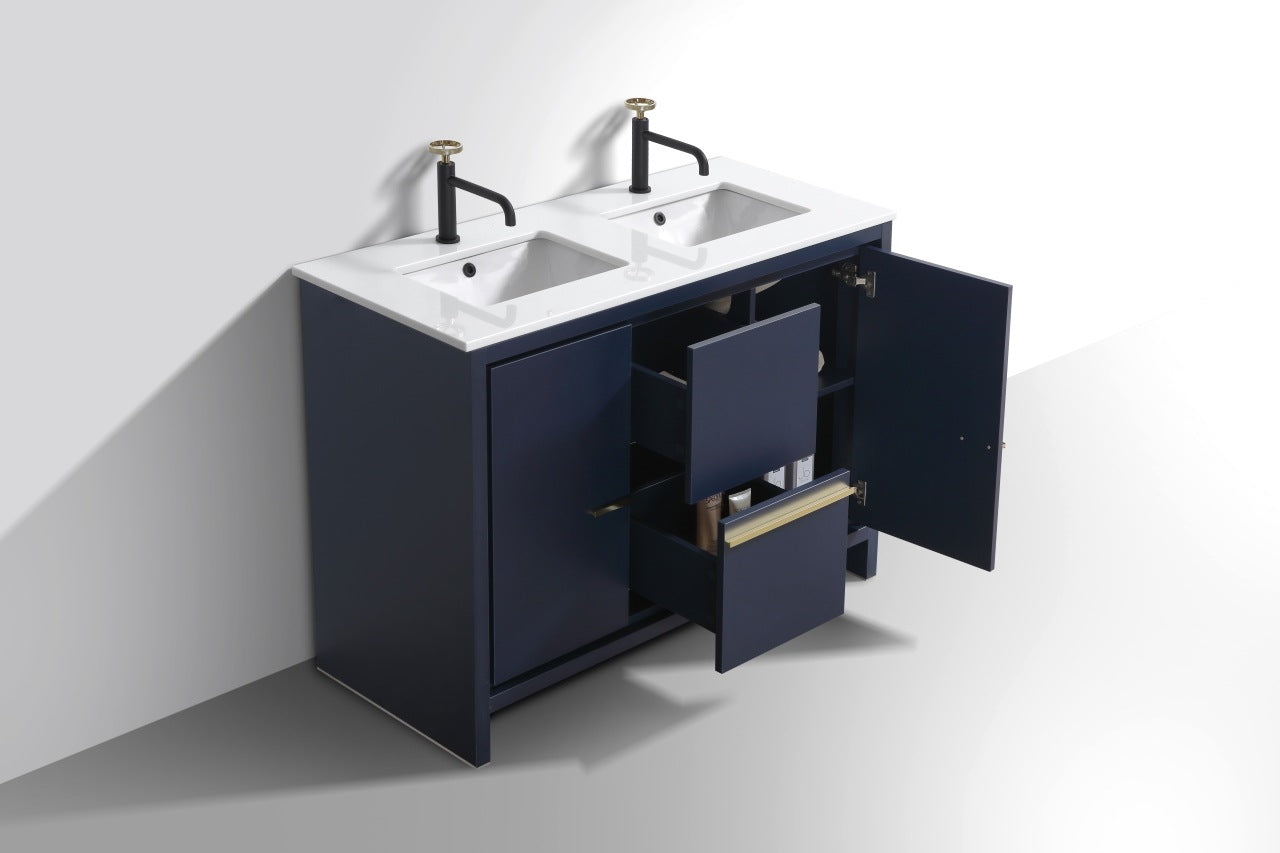 KubeBath Dolce 48″ Double Sink Blue Modern Bathroom Vanity with Quartz Countertop