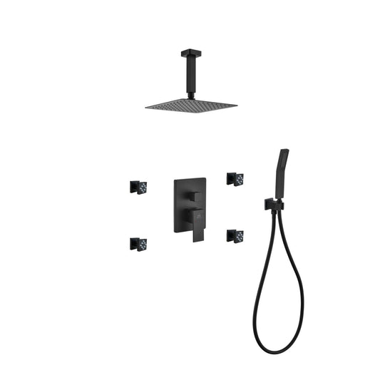 Aqua Piazza Black Shower Set w/ 8″ Ceiling Mount Square Rain Shower, Handheld and 4 Body Jets