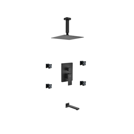 Aqua Piazza Black Shower Set w/ 8″ Ceiling Mount Square Rain Shower, Tub Filler and 4 Body Jets