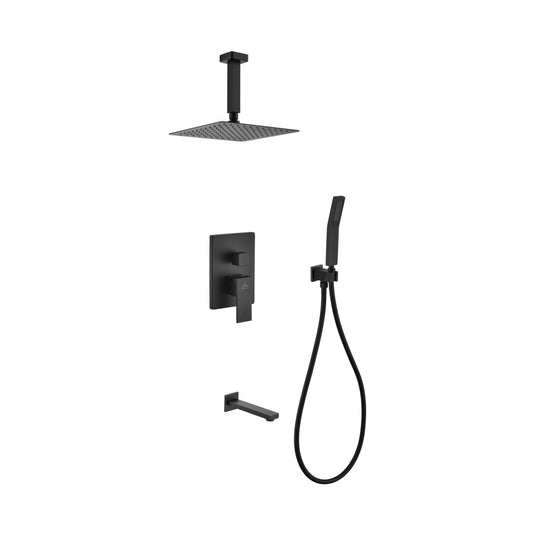 Aqua Piazza Black Shower Set w/ 8″ Ceiling Mount Square Rain Shower, Handheld and Tub Filler