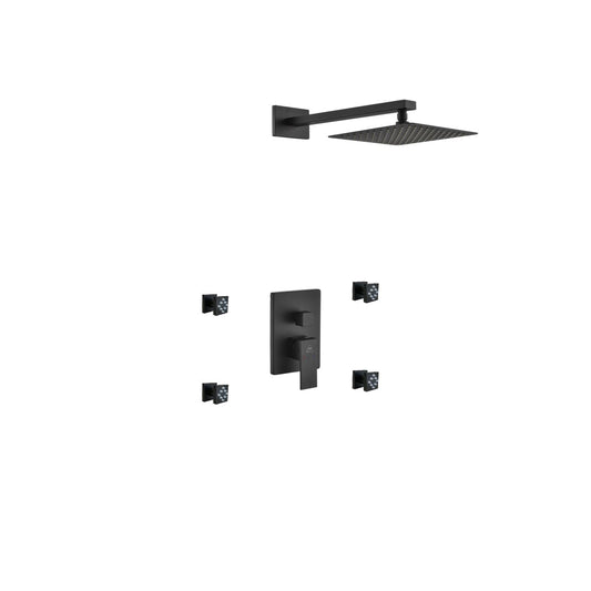 Aqua Piazza Black Shower Set with 8″ Square Rain Shower and 4 Body Jets