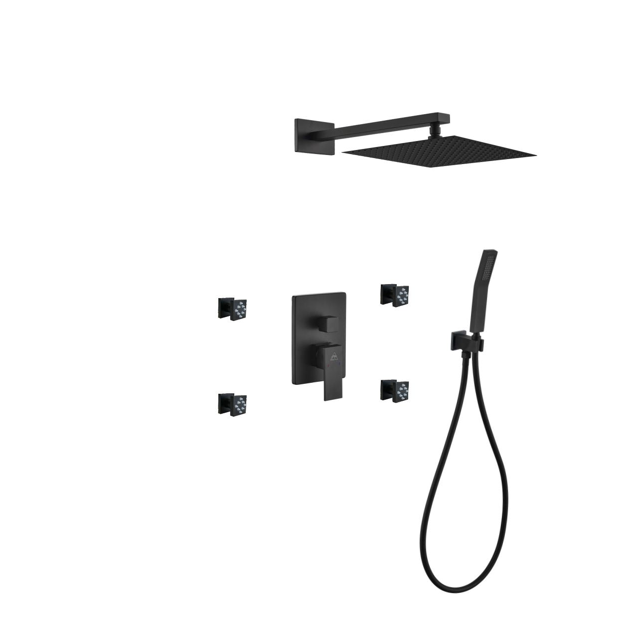 Aqua Piazza Black Shower Set w/ 12″ Square Rain Shower, Handheld and 4 Body Jets