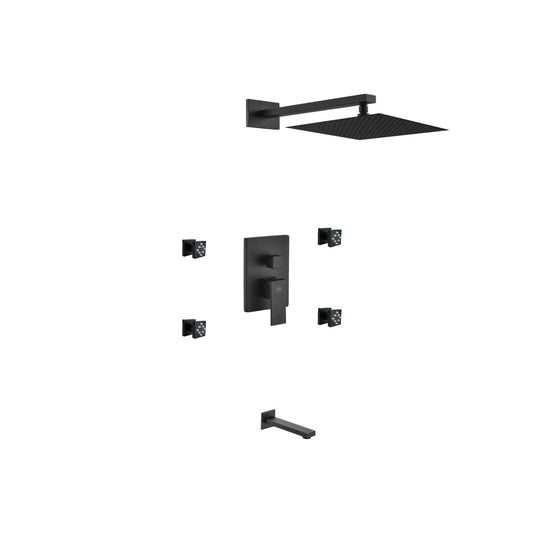 Aqua Piazza Black Shower Set w/ 12″ Square Rain Shower, Tub Filler and 4 Body Jets