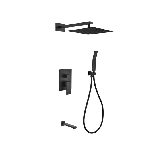 Aqua Piazza Black Shower Set w/ 12″ Square Rain Shower, Tub Filler and Handheld