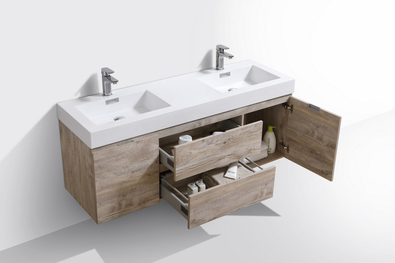Bliss 60″ Nature Wood Wall Mount Double Sink Modern Bathroom Vanity