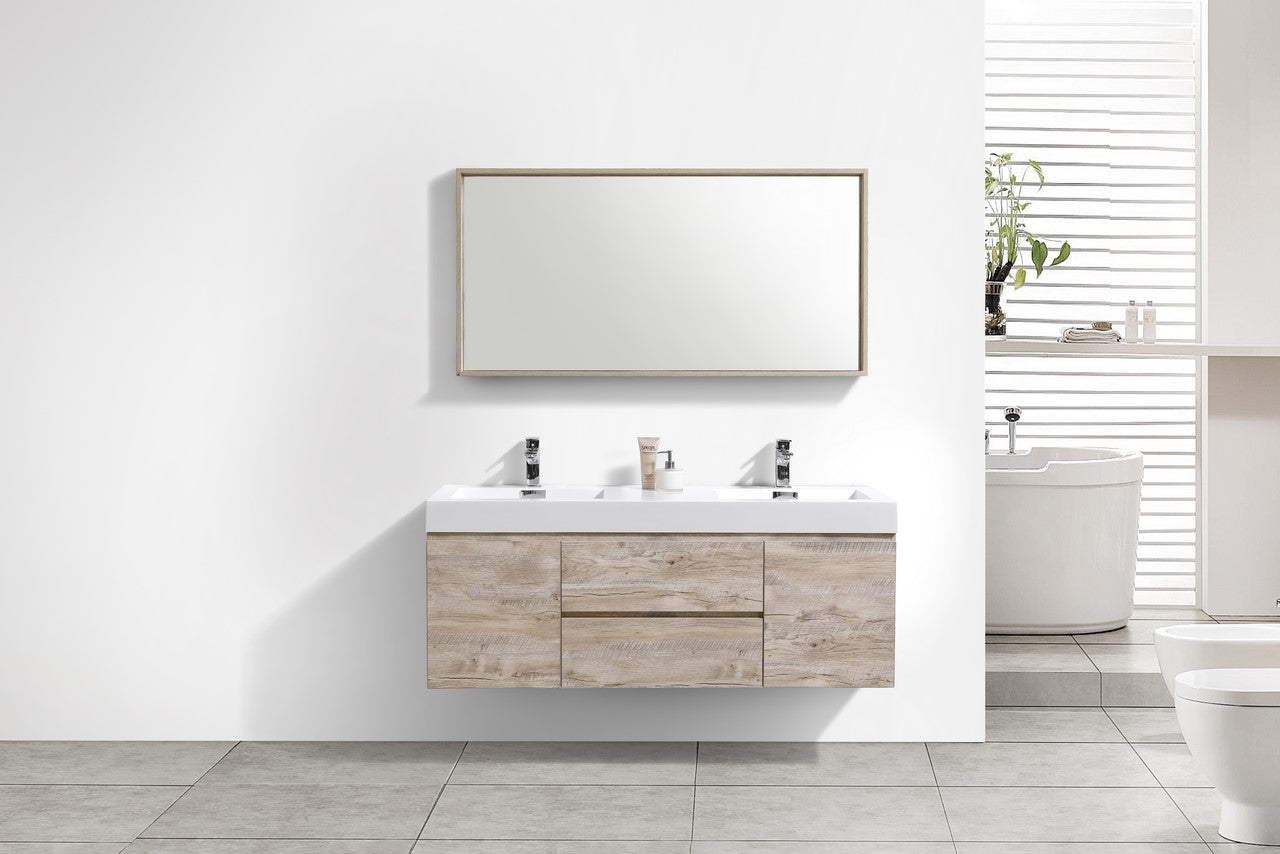 Bliss 60″ Nature Wood Wall Mount Double Sink Modern Bathroom Vanity