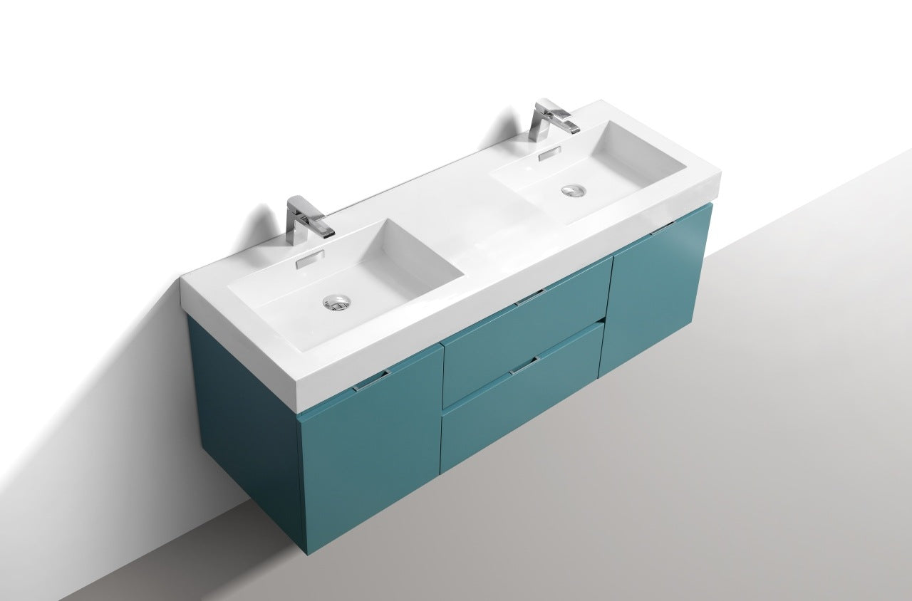 Bliss 60″ Turquoise Green Wall Mount Double Sink Modern Bathroom Vanity