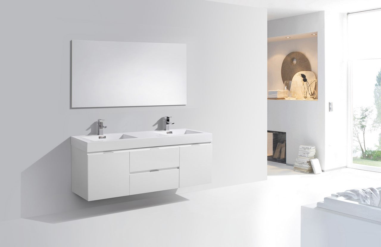 Bliss 60″ High Gloss White Wall Mount Double Sink Modern Bathroom Vanity