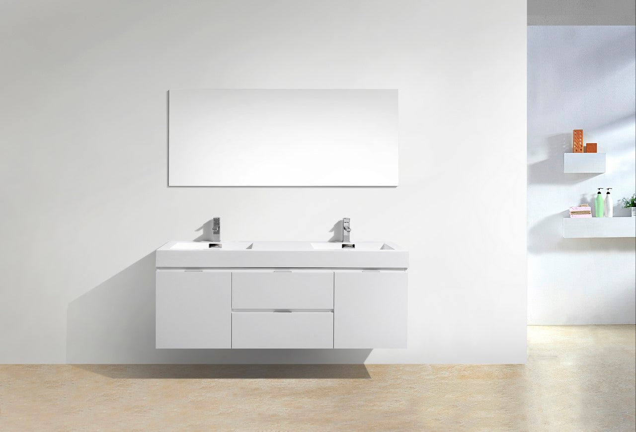 Bliss 60″ High Gloss White Wall Mount Double Sink Modern Bathroom Vanity