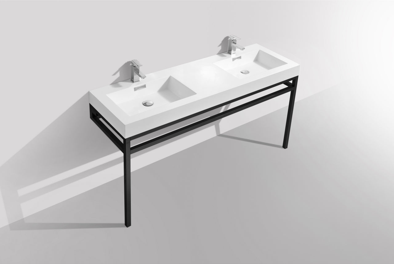 Haus 60″ Double Sink Stainless Steel Console w/ White Acrylic Sink – Matte Black