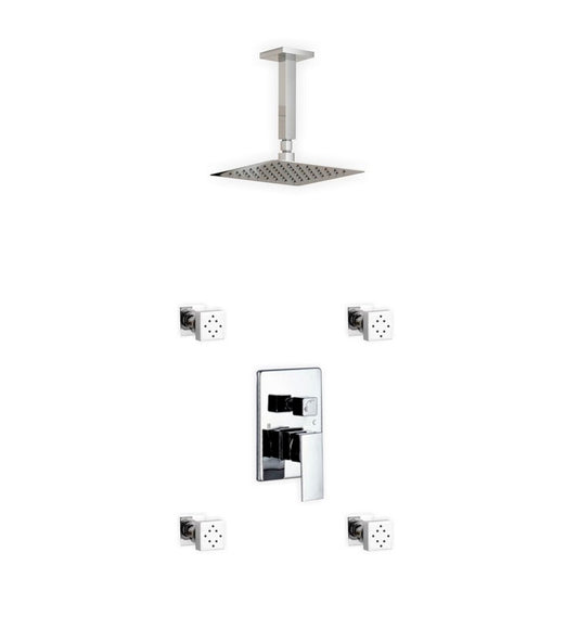 Aqua Piazza Shower Set w/ 8″ Ceiling Mount Square Rain Shower and 4 Body Jets