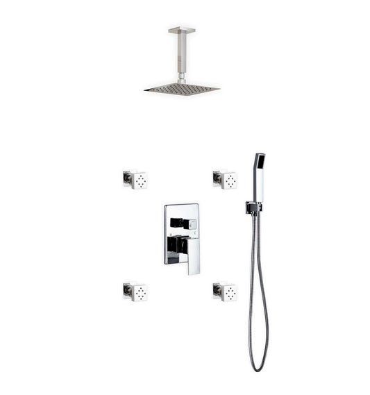 Aqua Piazza Shower Set w/ 8″ Ceiling Mount Square Rain Shower, Handheld and 4 Body Jets