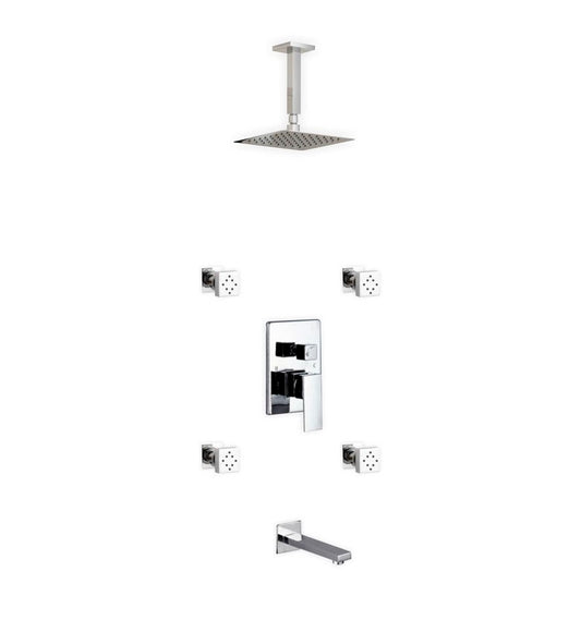 Aqua Piazza Shower Set w/ 8″ Ceiling Mount Square Rain Shower, Tub Filler and 4 Body Jets