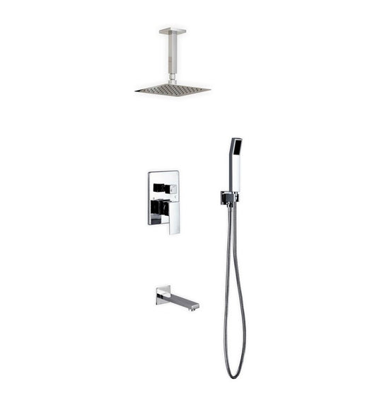 Aqua Piazza Shower Set w/ 8″ Ceiling Mount Square Rain Shower, Handheld and Tub Filler