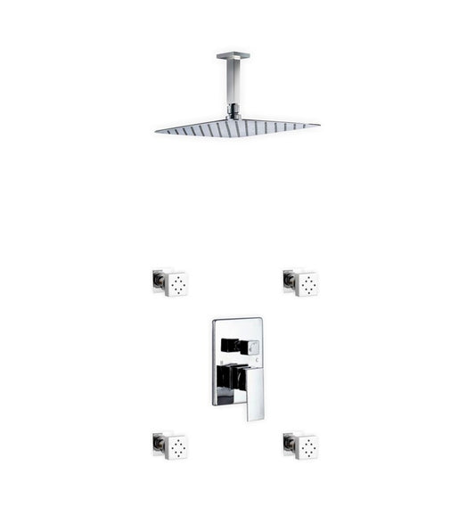 Aqua Piazza Shower Set w/ 12″ Ceiling Mount Square Rain Shower and 4 Body Jets