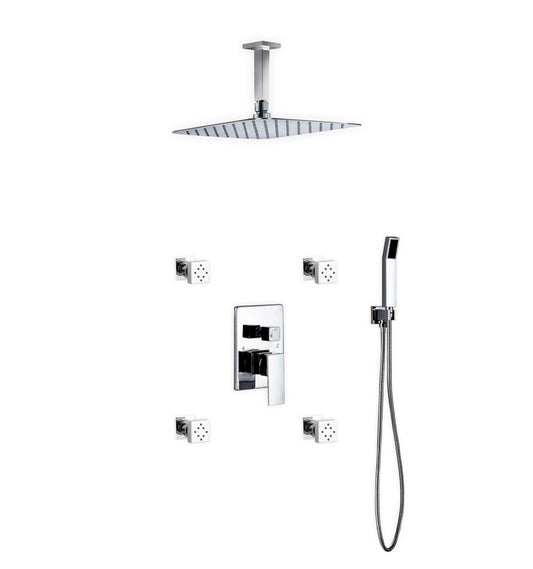 Aqua Piazza Shower Set w/ 12″ Ceiling Mount Square Rain Shower, 4 Body Jets and Handheld