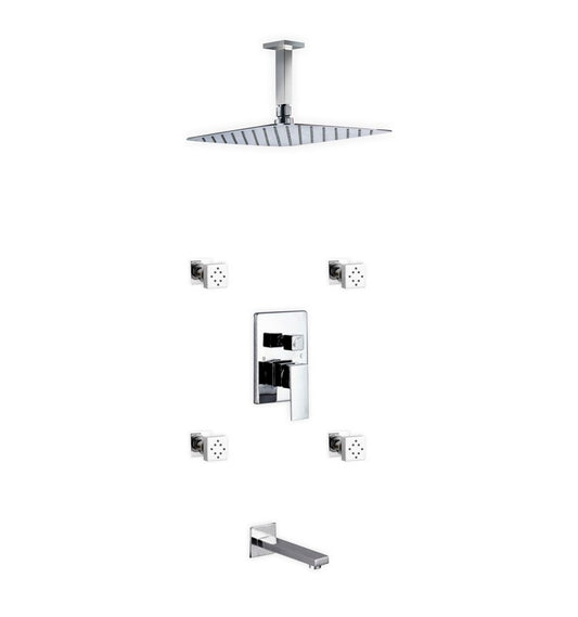 Aqua Piazza Shower Set w/ 12″ Ceiling Mount Square Rain Shower, Tub Filler and 4 Body Jets