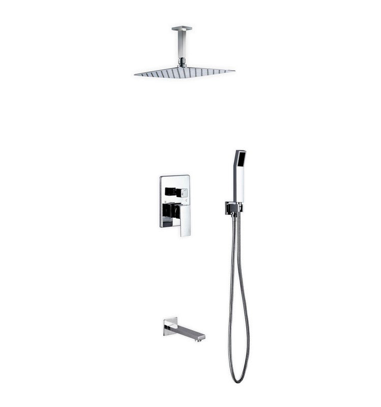 Aqua Piazza Shower Set w/ 12″ Ceiling Mount Square Rain Shower, Handheld and Tub Filler