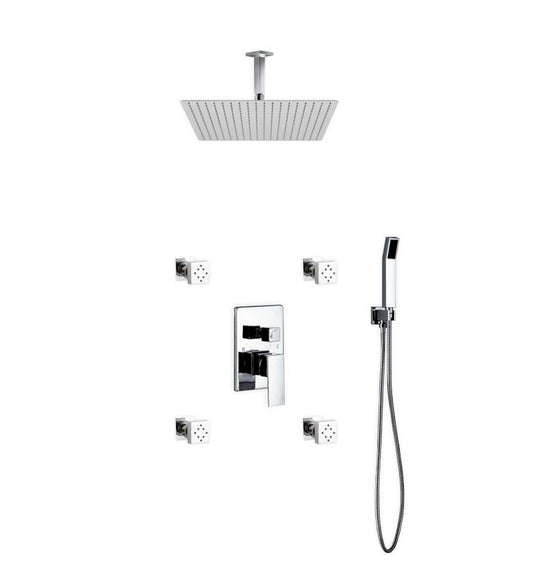 Aqua Piazza Shower Set w/ 20″ Ceiling Mount Square Rain Shower, 4 Body Jets and Handheld