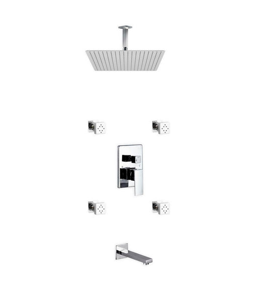 Aqua Piazza Shower Set w/ 20″ Ceiling Mount Square Rain Shower, Tub Filler and 4 Body Jets