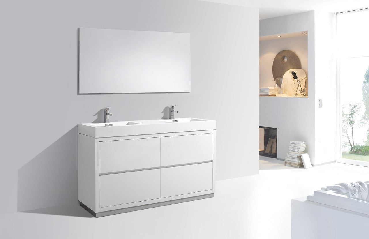 Bliss 60″ Double Sink High Gloss White Free Standing Modern Bathroom Vanity