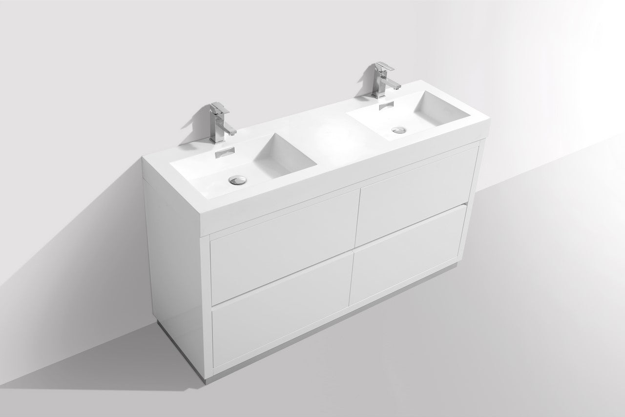 Bliss 60″ Double Sink High Gloss White Free Standing Modern Bathroom Vanity