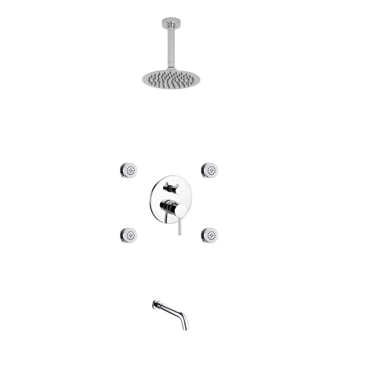 Aqua RONDO Chrome Brass Shower Set w/ 8″ Round Rain Shower, 4 Body Jets and Tubfiller