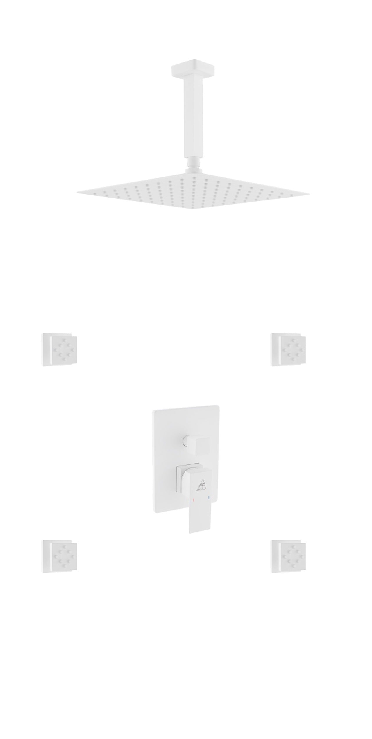Aqua Piazza White Shower Set w/ 12″ Ceiling Mount Square Rain Shower and 4 Body Jets