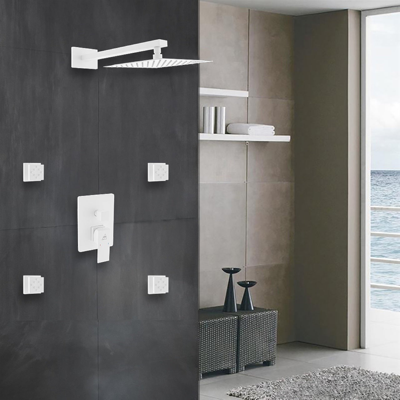 Aqua Piazza White Shower Set with 8″ Square Rain Shower and 4 Body Jets