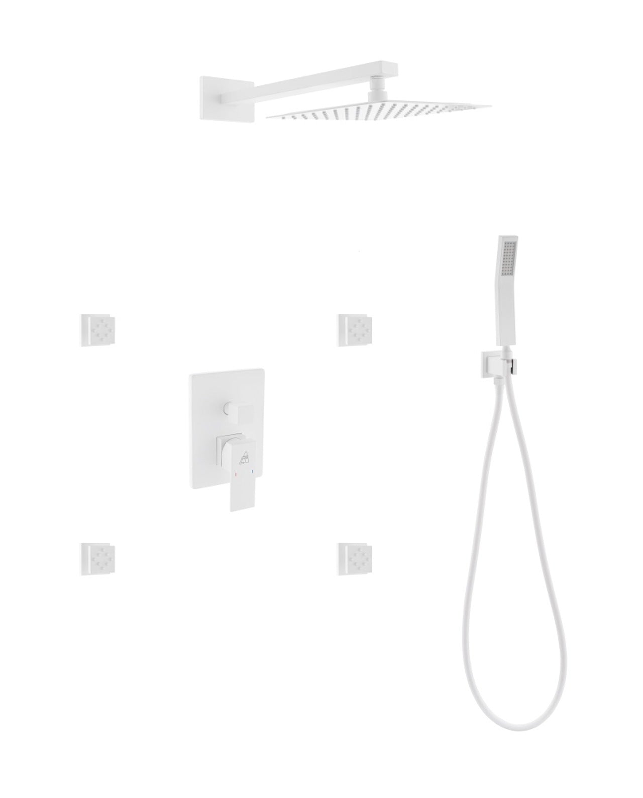 Aqua Piazza White Shower Set w/ 8″ Square Rain Shower, 4 Body Jets and Handheld