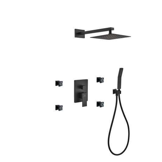 Aqua Piazza Black Shower Set w/ 8″ Square Rain Shower, 4 Body Jets and Handheld