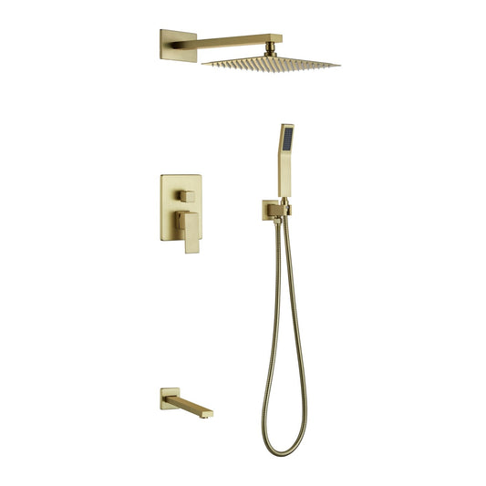 Aqua Piazza Gold Shower Set w/ 8″ Square Rain Shower, Tub Filler and Handheld